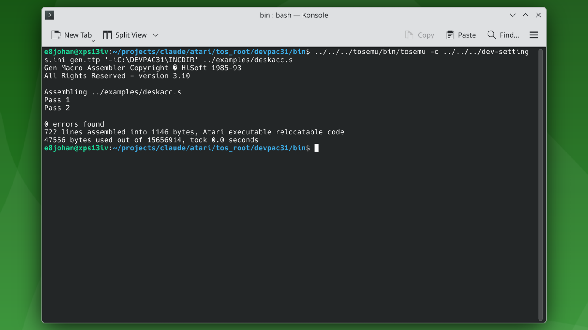 A terminal running the Devpac assembler and the Lattice C compiler through tosemu
