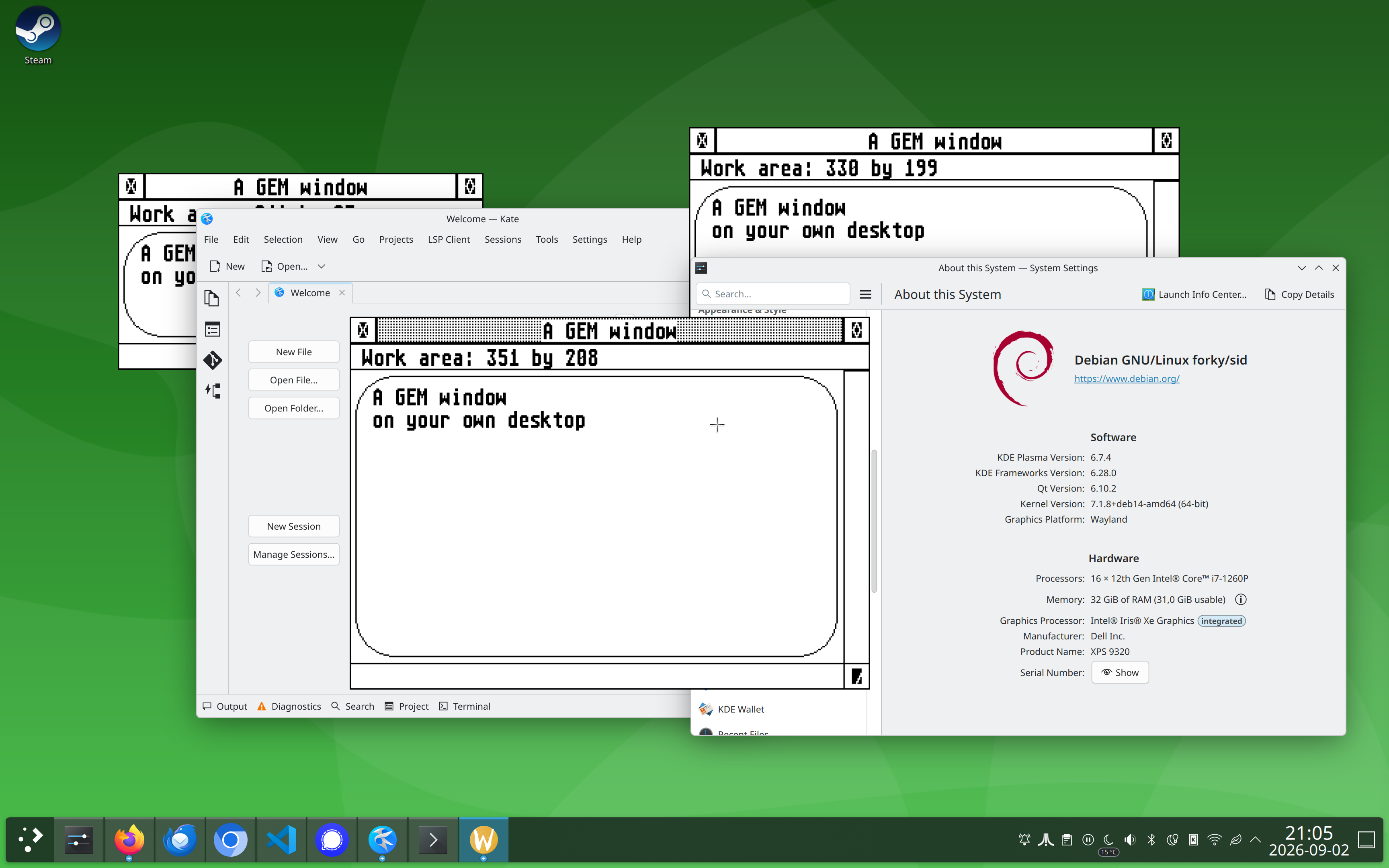 Atari ST application windows sitting among ordinary Linux windows on one desktop